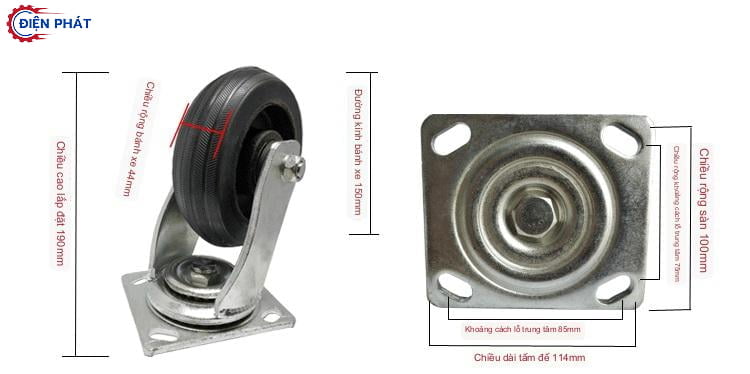 Bánh xe cao su đen đặc xoay