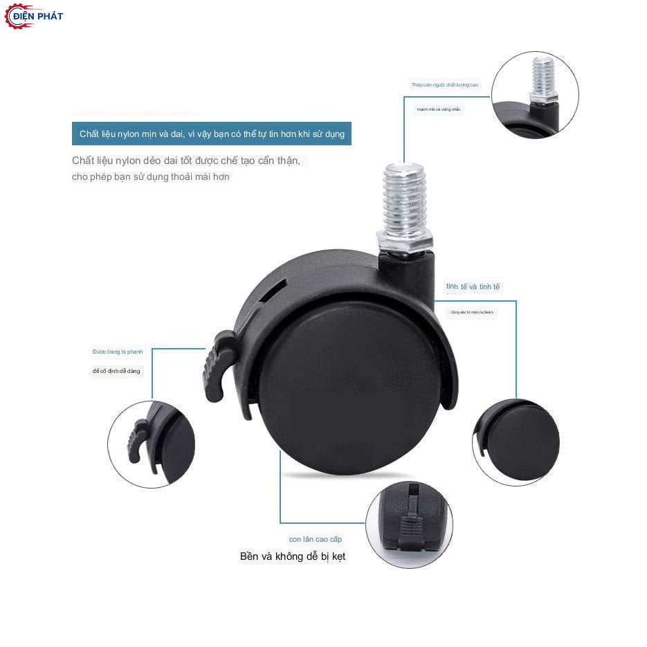 Bánh Xe Nhựa Đen Đầu Ren M8 4cm, 5cm - Ảnh 2