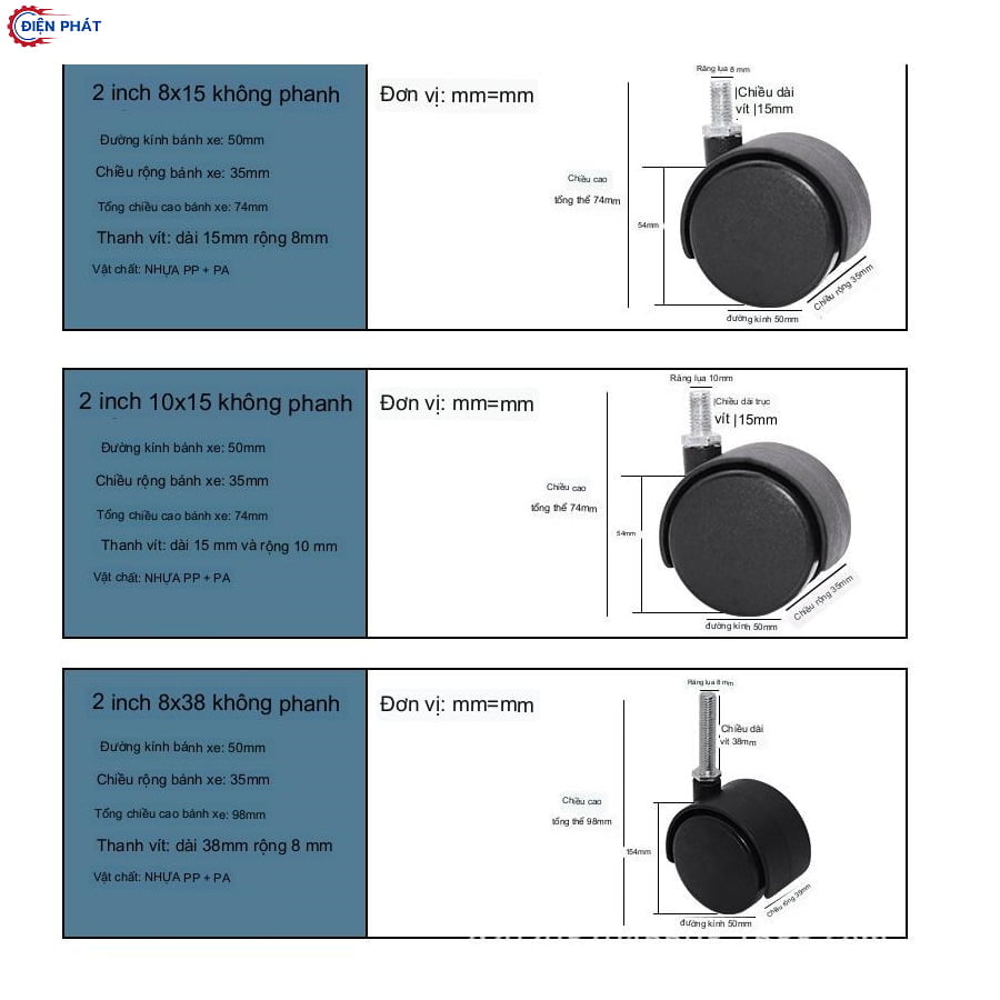 Bánh Xe Nhựa Đen Đầu Ren M8 4cm, 5cm - Ảnh 3